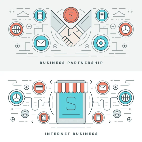 Línea plana Business Partnership e Internet. Ilustración vectorial . — Archivo Imágenes Vectoriales