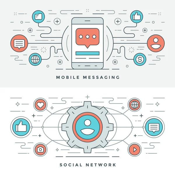 Flat line Social Media and Mobile Messaging. Vector illustration. — Stockvector