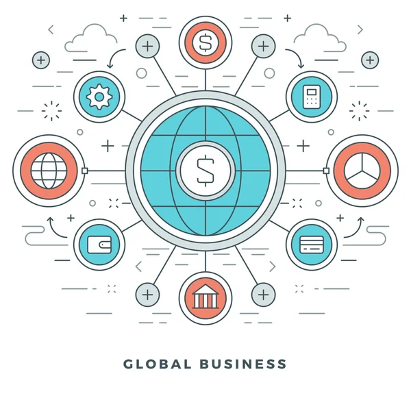 Linea piatta Global Business Concept. Illustrazione vettoriale . — Vettoriale Stock