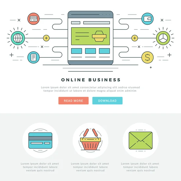 Platte lijn Online Business Concept Vector Illustratie. — Stockvector