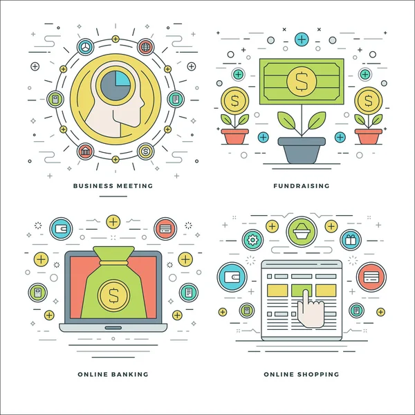 Platte lijn Meeting, fondsenwerving, bankieren, shopping business concepten set Vector illustraties. — Stockvector