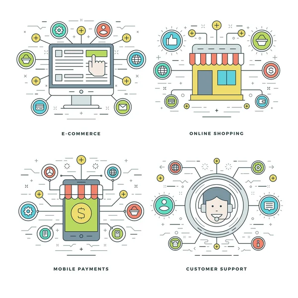 Flat line E-handel, mobilbetalningar, kund support, shopping affärskoncept set vektor illustrationer. — Stock vektor