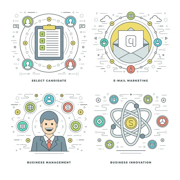 Flat line Management, anställd sökning, e-Marketing, Business begrepp som vektor illustrationer. — Stock vektor