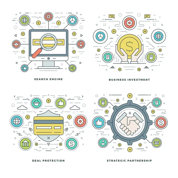 Flat line Motore di ricerca, investimenti, Deal Protection Business Concepts Set illustrazioni vettoriali . — Vettoriale Stock