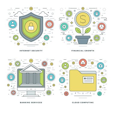 Düz çizgi Internet Security, finansal büyüme, bankacılık hizmetleri, iş kavramları ayarla vektör çizimler.