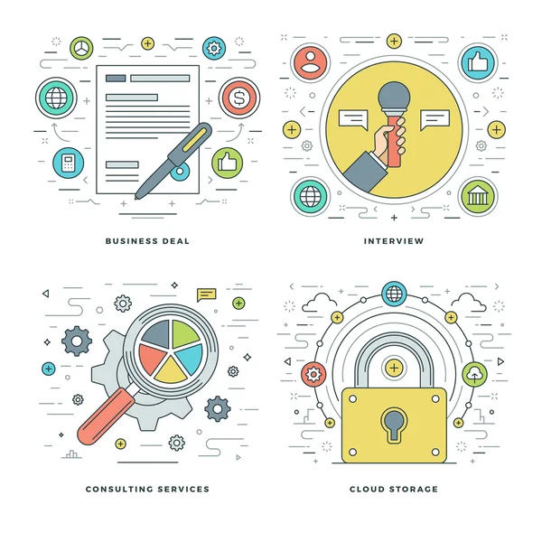 Consulenza in linea piatta, Intervista, Conservazione dei dati, Business Concepts Set illustrazioni vettoriali . — Vettoriale Stock