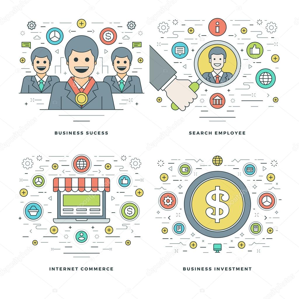 Flat line Search Employee, Internet Commerce, Investment, Business Success Concepts Set Vector illustrations.