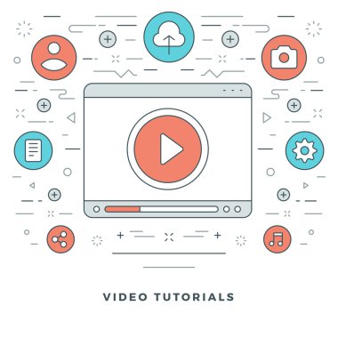 Düz çizgi Video Tutorials kavramı vektör çizim. Modern ince lineer kontur vektör simgeler.