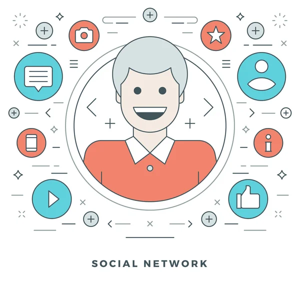 Flat line Social Network Concept Vector illustration. Modern thin linear stroke vector icons. — Stock Vector