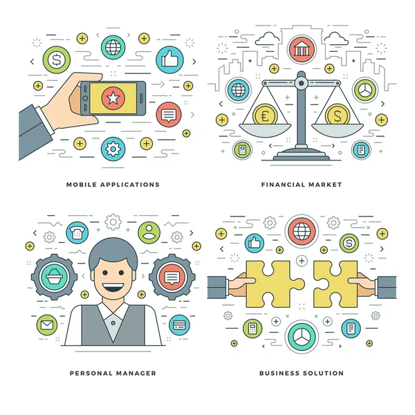 Línea plana Aplicaciones Móviles, Mercado, Personal Manager, Conceptos de Solución Empresarial Set de Vectores ilustraciones . — Archivo Imágenes Vectoriales