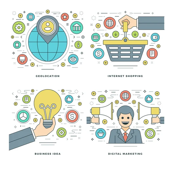 Flat line locatie, winkelen op Internet, digitale Marketing, Business idee concepten instellen Vector illustraties. — Stockvector