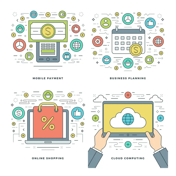 Computação em nuvem de linha plana, Compras na Internet, Pagamentos Móveis, Conceitos de Negócios Definir ilustrações vetoriais . — Vetor de Stock