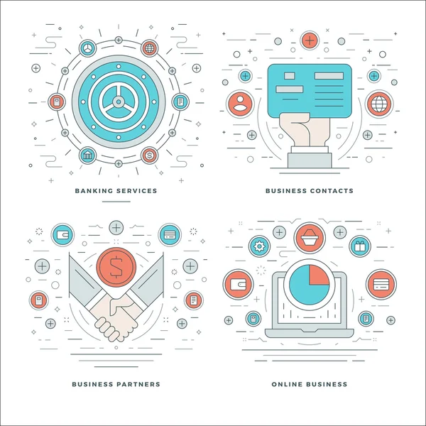 Flat line Banking tjänster, kontakter, Partners, Online Business Process begrepp som vektor illustrationer. — Stock vektor