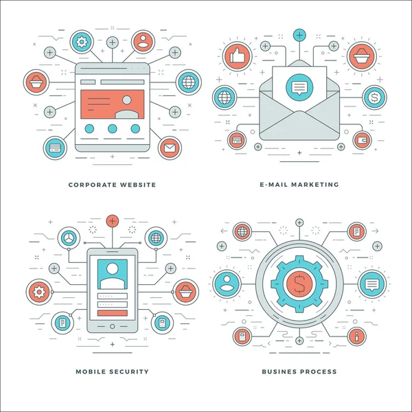 Platte lijn e-Marketing, Mobile Security, Business proces concepten instellen Vector illustraties. — Stockvector