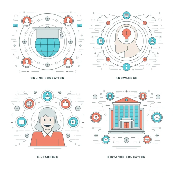 Línea plana Educación en Línea, Conocimiento, E-learning Conceptos Set Ilustraciones vectoriales. Iconos de vector de carrera lineal delgada moderna . — Vector de stock