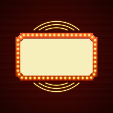 Retro Showtime işareti tasarım. Sinema tabela ampulleri çerçeve ve tuğla duvar zemin üzerine Neon lambalar.