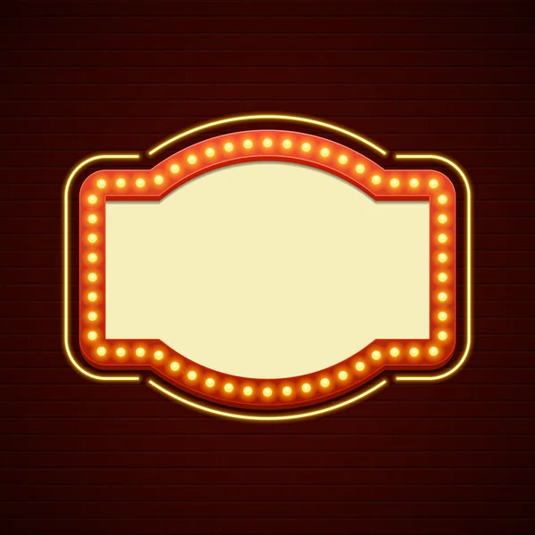 Retro Showtime Sign Design. Cinema Señalización Bombillas Marco y lámparas de neón sobre fondo de pared de ladrillo . — Vector de stock