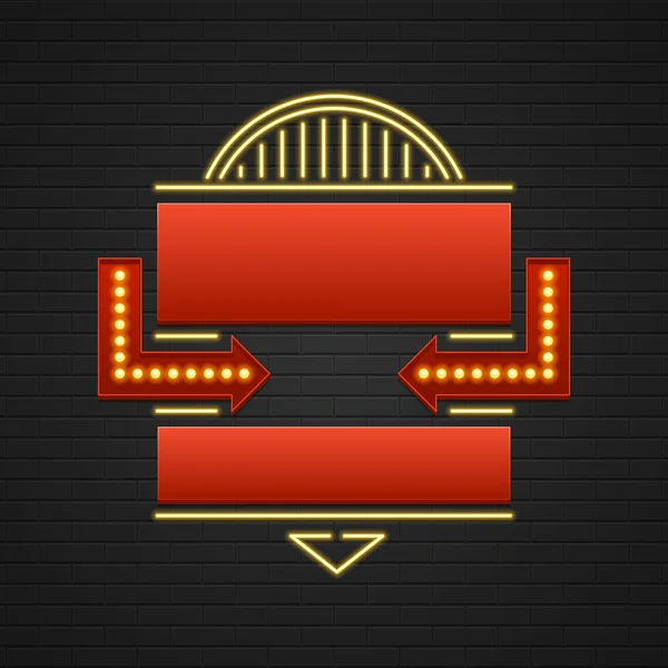 Retro Showtime Sign Design. Cinema Señalización Bombillas Marco y lámparas de neón sobre fondo de pared de ladrillo . — Vector de stock