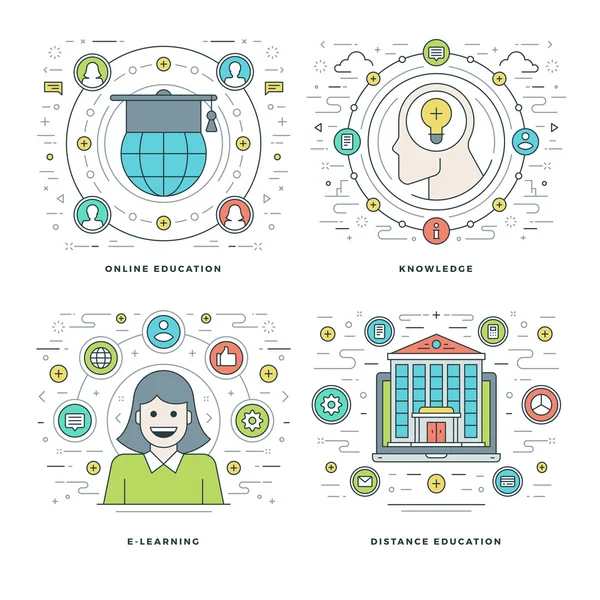 Flat line Online Education, Knowledge, E-learning Concepts Set Vector illustrations. Modern thin linear stroke vector icons. — Stock Vector