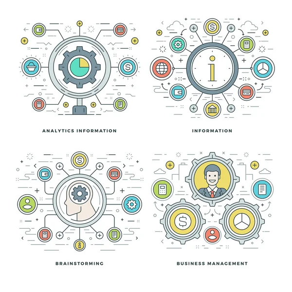 Flat line Analytics Information, Brainstorming, Business Team Management Concepts Set Ilustraciones vectoriales . — Vector de stock