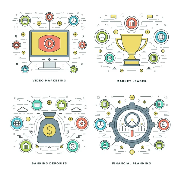 Flat line Vídeo Marketing, Planejamento Financeiro, Depósito Bancário, Conceitos Empresariais Set Vector ilustrações . — Vetor de Stock