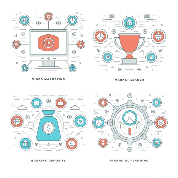 Línea plana de Video Marketing, Planificación Financiera, Depósito Bancario, Conceptos de Negocio Set de Vectores ilustraciones . — Archivo Imágenes Vectoriales