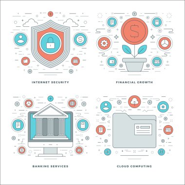 Düz çizgi Internet Security, finansal büyüme, bankacılık hizmetleri, iş kavramları ayarla vektör çizimler.