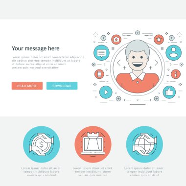 Düz çizgi iş kavramı Web sitesi başlık vektör çizim. Modern ince lineer kontur vektör simgeler.