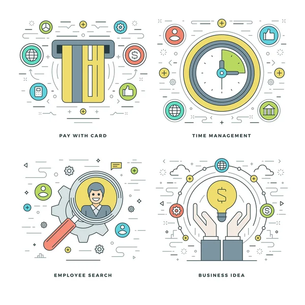 Flat line Employee Search, Payment, Time Management, Business Idea Concepts Set Vector illustrations. — Wektor stockowy