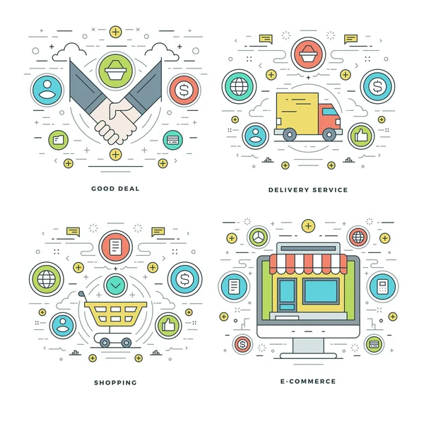 Flat line Good Deal, Delivery Service, Shopping, Business Commerce Concepts Set Vector illustrations. — Stock Vector