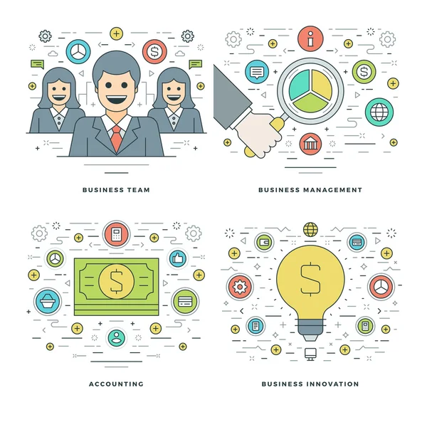 Flat line Management, Finance Accounting, Innovations, Business Team Concepts Set Vector illustrations. — Stock Vector