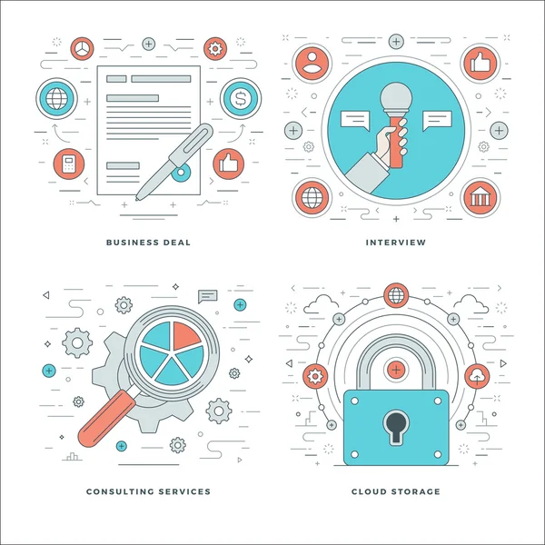 Flat line Consulting, Interview, Data Storage, Business Contract Concepts Set Vector illustrations. — Stock Vector