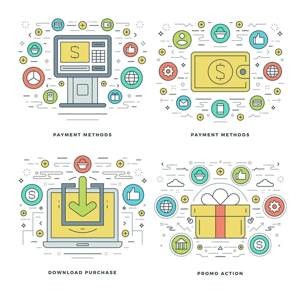 Línea plana de pago, Banca, Compras Conceptos de Negocios Set Vector ilustraciones . — Vector de stock