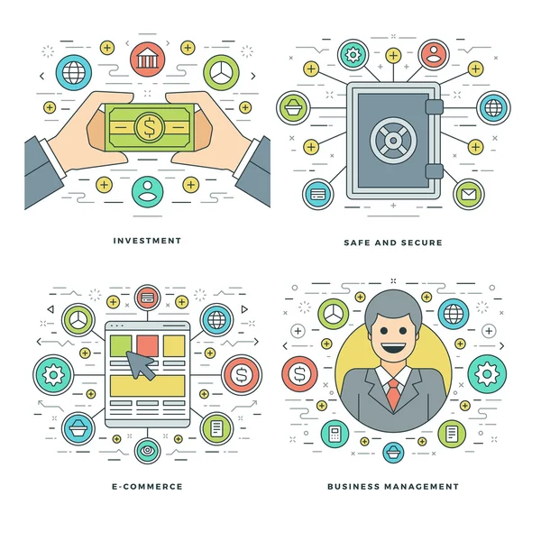 Línea plana Inversión, Seguridad, Comercio electrónico, Conjunto de conceptos empresariales de gestión Ilustraciones vectoriales . — Vector de stock