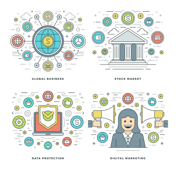 Mercado de valores de línea plana, protección de datos, marketing digital, ilustraciones de vectores de conjuntos de conceptos de negocio . — Archivo Imágenes Vectoriales