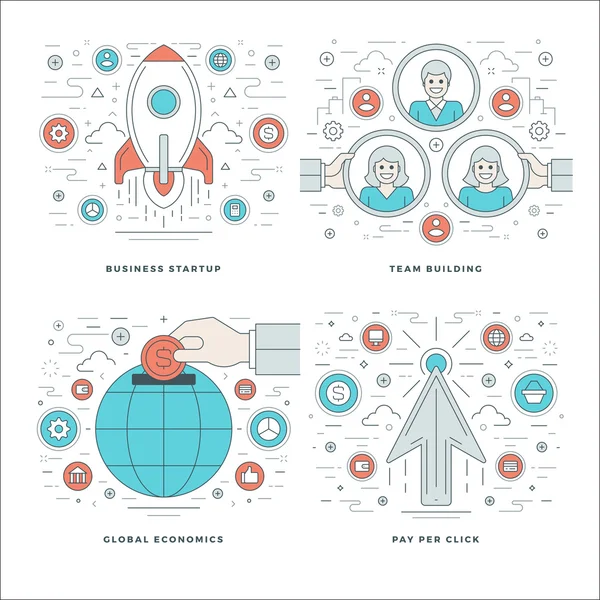 Flat line Start up, Team Building, Global Economics, Business Success Concepts Set Vector illustrations. — Stock Vector