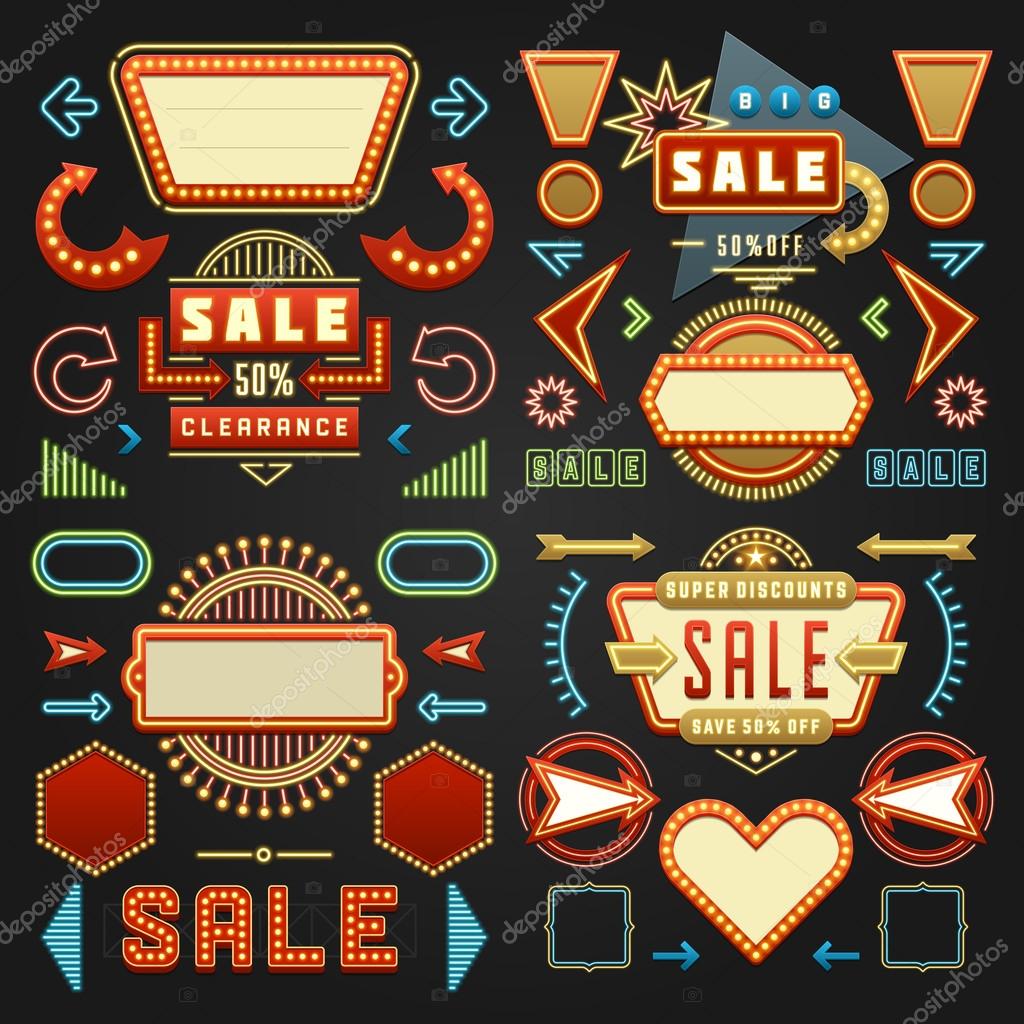 Retro American 1950s Sign Design Elements Set. Billboard Signage Stock