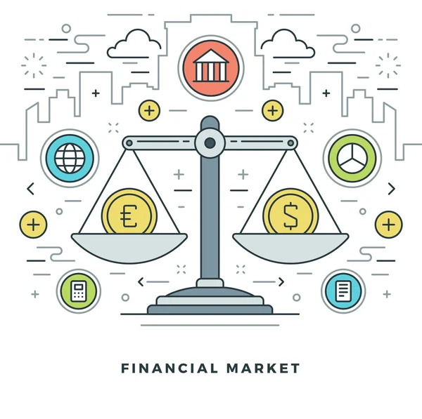 Linha plana Conceito de Mercado Financeiro Ilustração vetorial . — Vetor de Stock