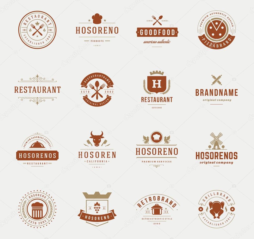 Vintage Restaurant Logos Design Templates Set. Vector design elements, Restaurant and Cafe icons, Fast Food Silhouettes.
