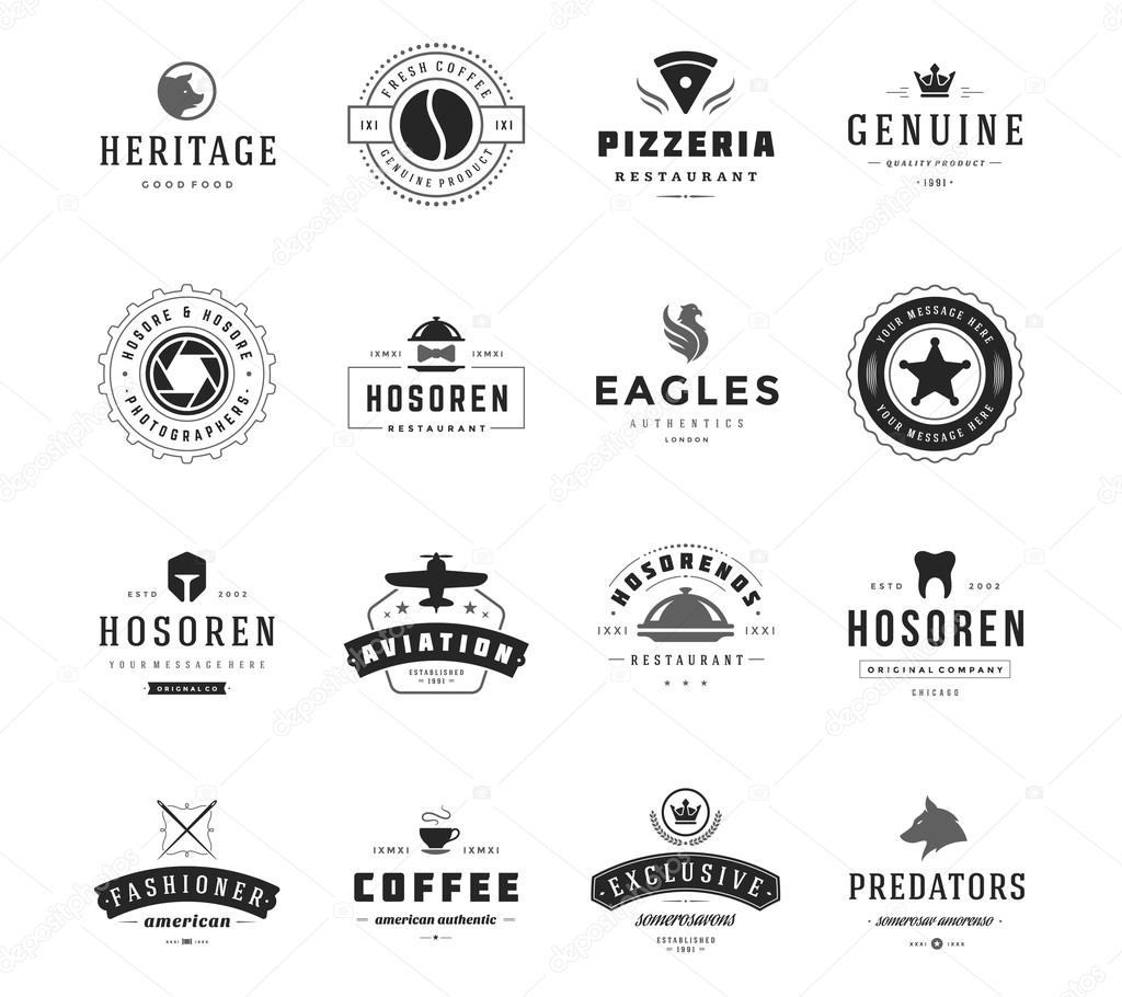 Vintage Logos Design Templates Set. Vector logotypes elements collection, Icons Symbols, Retro Labels, Badges, Silhouettes, Ribbons and Frames.