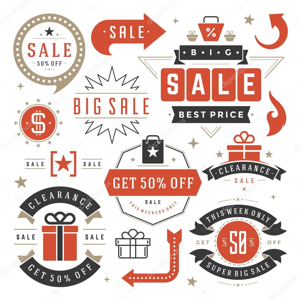 Sale Tags and Labels Design Vector Vintage Set for Banners, Promotional Brochures, Discount Poster, Shopping Flyer, Clearance Advertising. Collection Sale objects and icons.