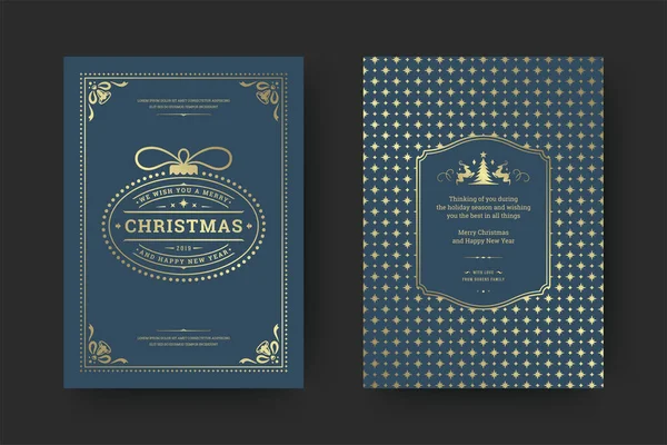 Tarjeta de felicitación navideña diseño tipográfico vintage decoraciones adornadas símbolos con días festivos deseo — Vector de stock