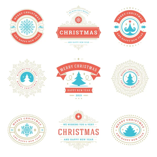 Etiquetas de Natal e emblemas conjunto de elementos de design vetorial —  Vetores de Stock