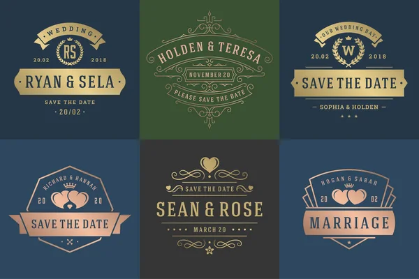 Convites de casamento salvar os logotipos data e emblemas vetor modelos elegantes conjunto —  Vetores de Stock