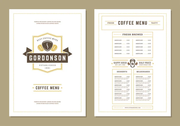 Καφές μενού σχεδιασμό πρότυπο φυλλάδιο για καφέ με το σύμβολο φασόλι καφετέρια και vintage τυπογραφικά στοιχεία διακόσμησης — Διανυσματικό Αρχείο