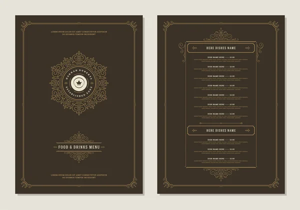 Menu modello di design con copertina e ristorante vintage logo vettoriale brochure. — Vettoriale Stock