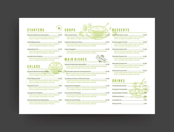 Vegetariano restaurante menú diseño folleto o folleto de alimentos plantilla vector ilustración. — Vector de stock