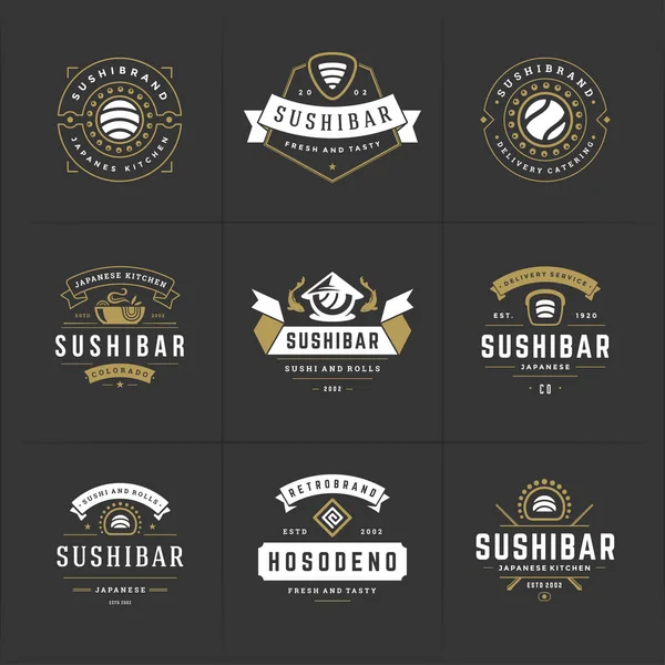 Logotipos y distintivos del restaurante Sushi set comida japonesa con sushi salmón rollos siluetas vector ilustración — Archivo Imágenes Vectoriales