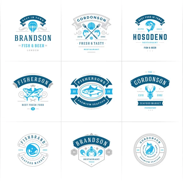 Zeevruchten logo 's of borden set vector illustratie vismarkt en restaurant emblemen sjablonen ontwerp — Stockvector