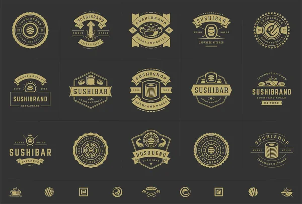 Suşi restoranının logoları ve rozetleri suşi somonlu Japon yemeklerini siluet vektör çizimine ayarlıyor.